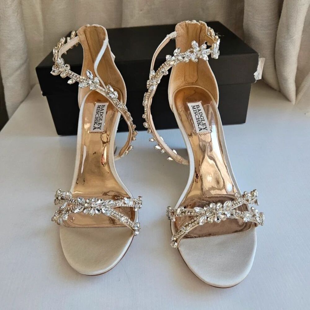 Badgley Mischka Crystal Embellished Wedge Sandals Ivory Satin Size 8